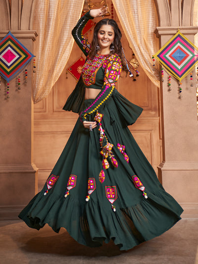 Green Viscose Rayon Embroidered  Stitched Lehenga Choli