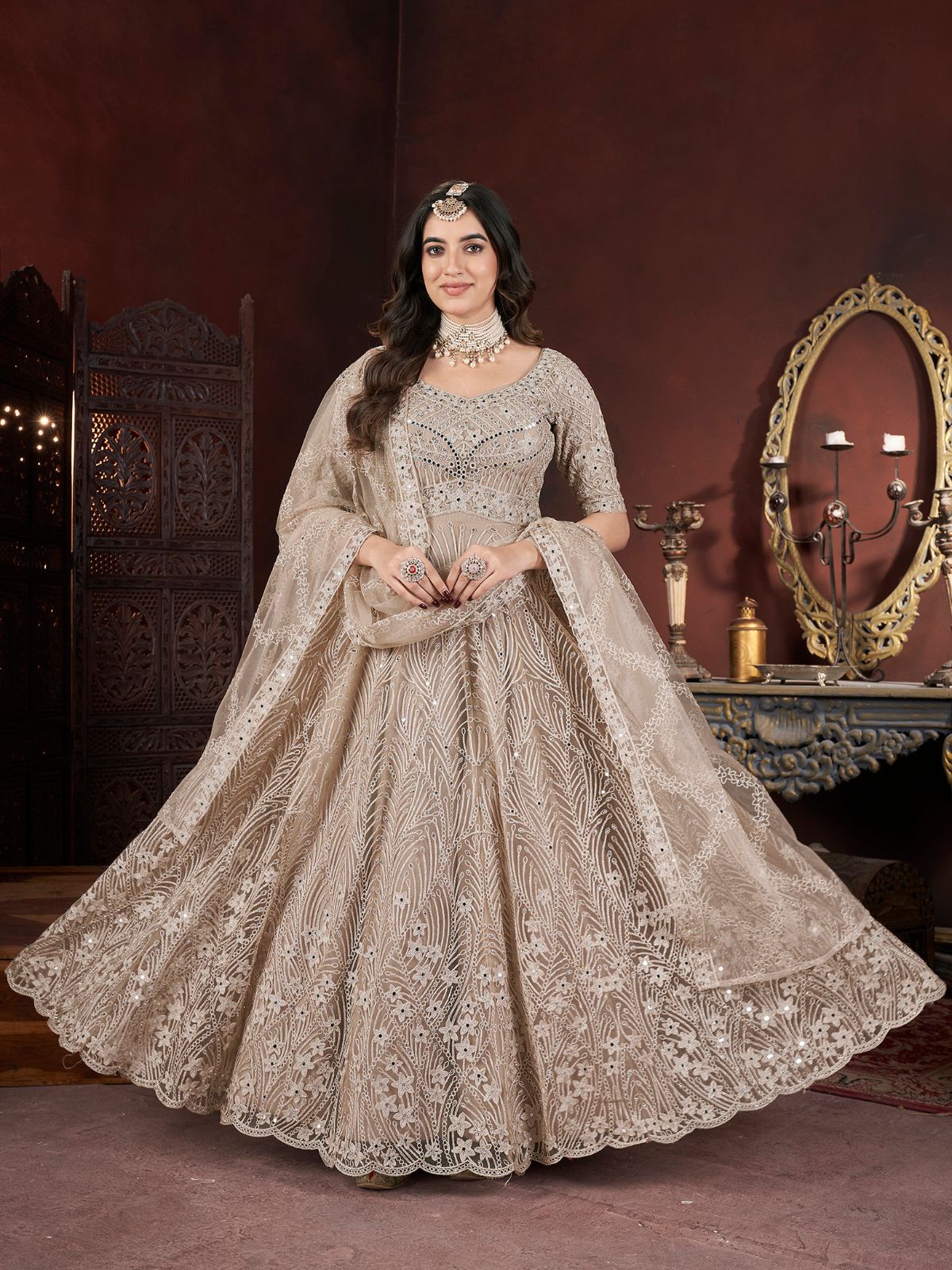 New Style Wedding Reception Dress For Ladies Odette Beige Net Embroidered Stitched Gown For Women New Style Wedding Reception Dress For Ladies Odette Beige Net Embroidered Stitched Gown For Women