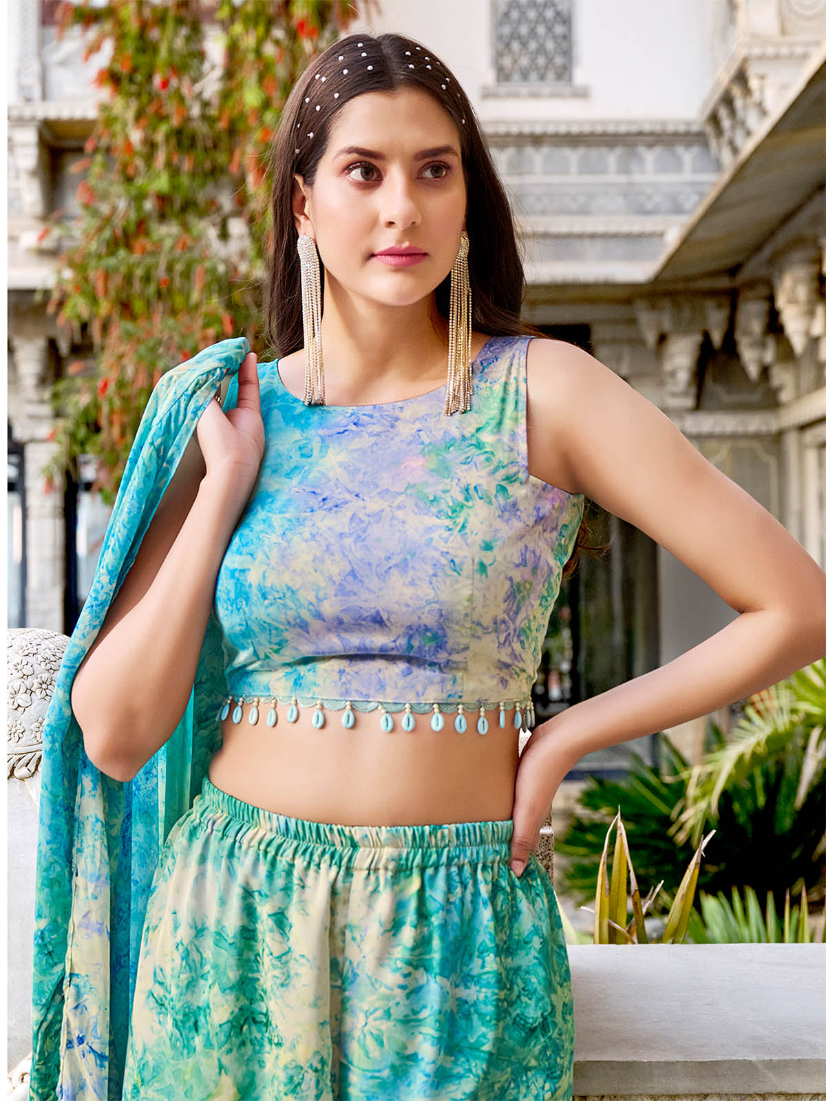 Odette Women Light Blue Silk Blend Printed Indo Western Set