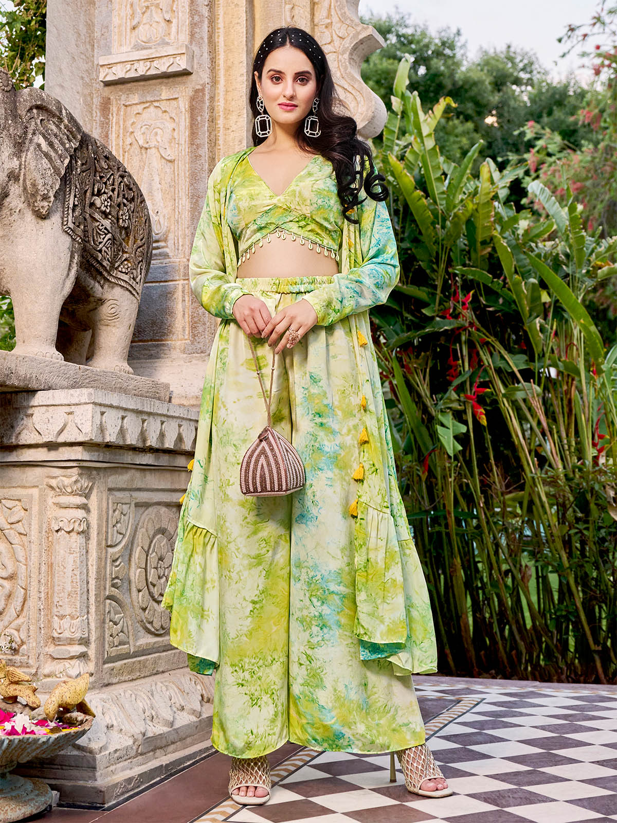 green indo western dress Green Indo-Western Drape Skirt Set With Cut Dana And Beads Work Cape