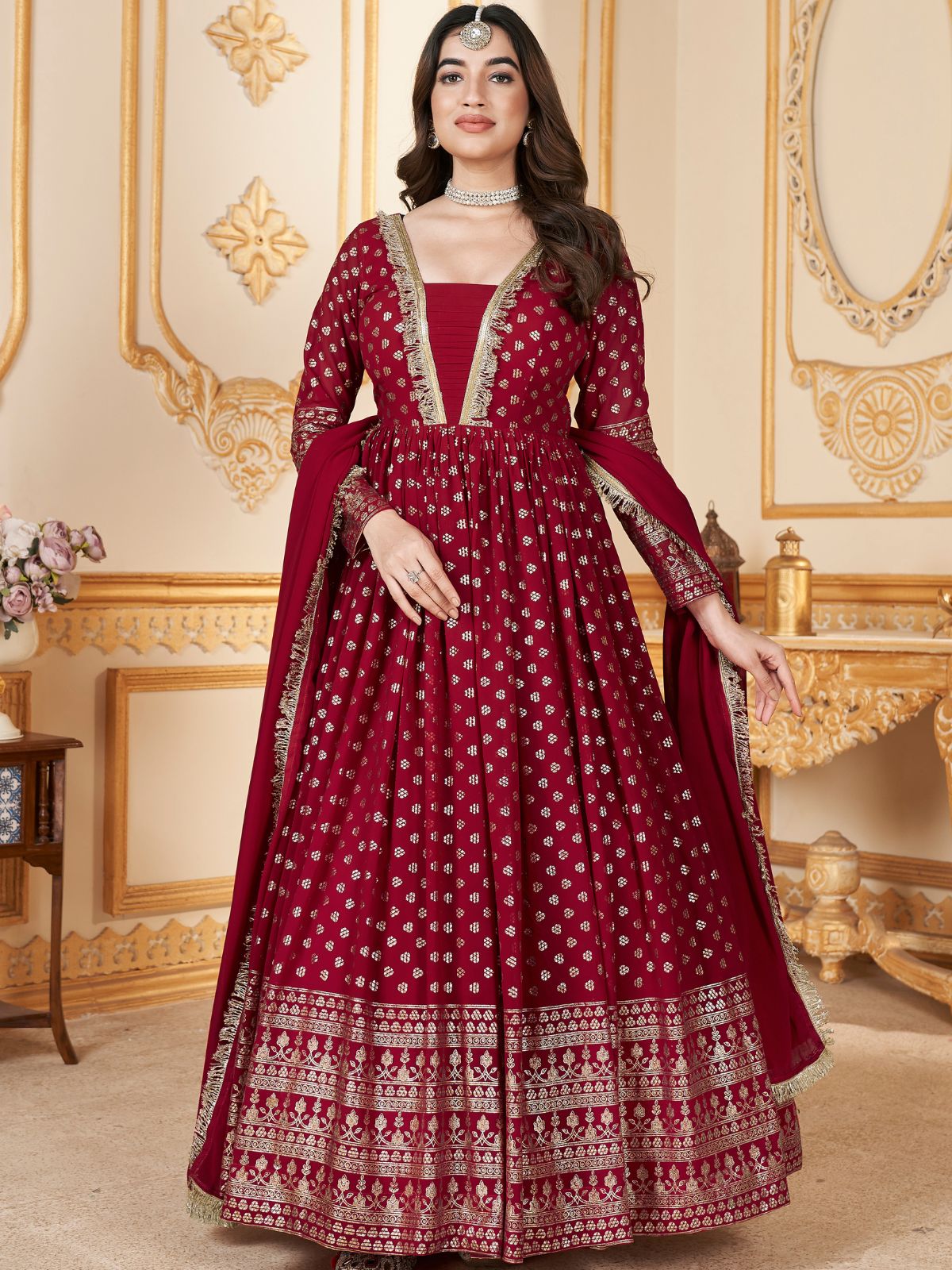 Odette Maroon Faux Georgette Metalic Foil Work Stitched Gown With Dupatta For Women