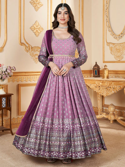 Odette Lavender Faux Georgette Metalic Multi Foil Work Stitched Gown With Dupatta For Women
