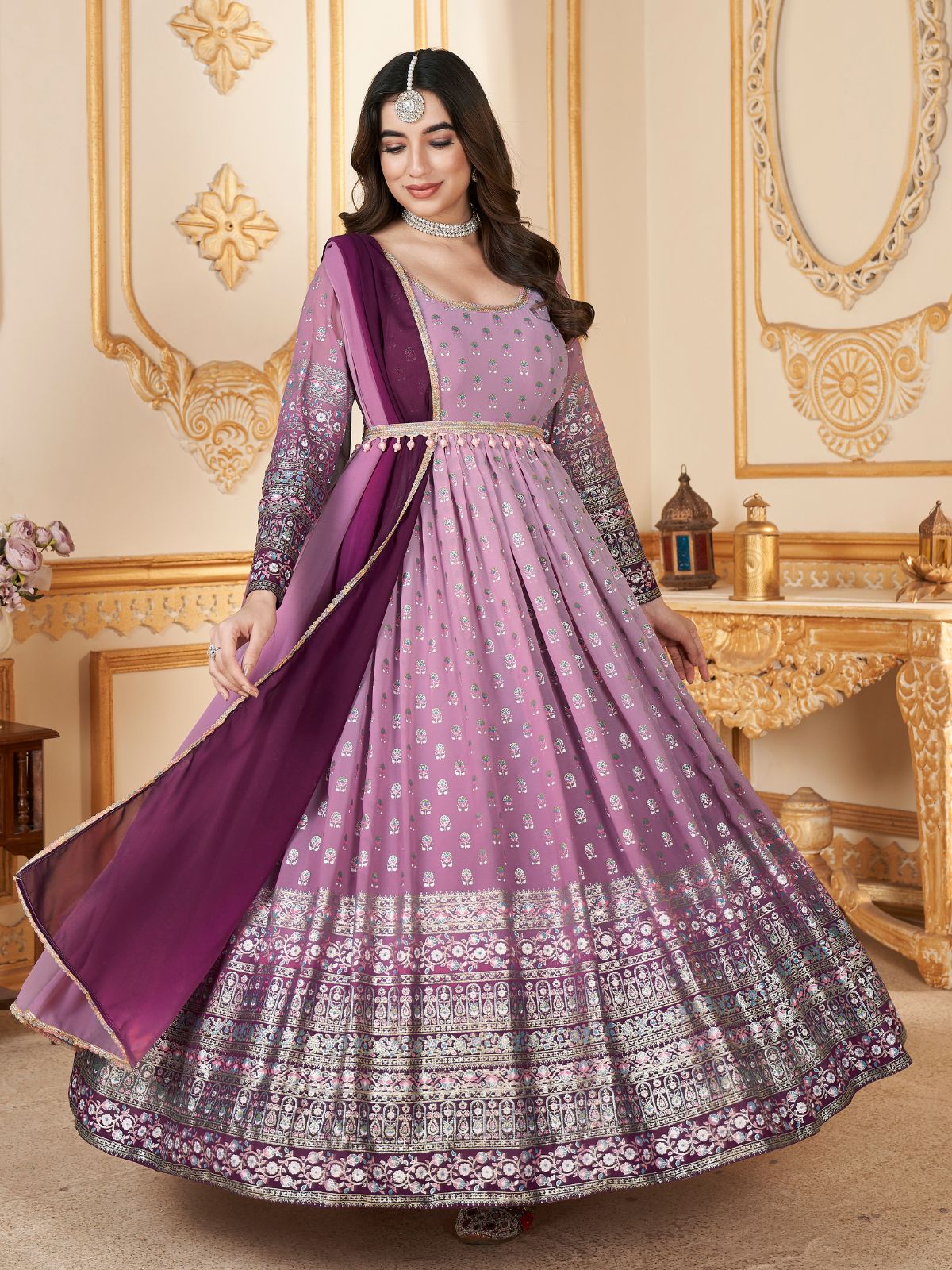 Odette Lavender Faux Georgette Metalic Multi Foil Work Stitched Gown With Dupatta For Women