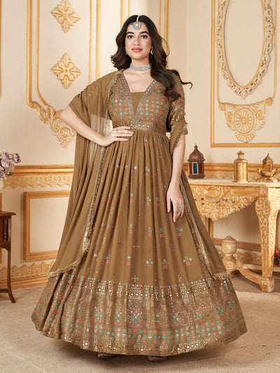 Odette Brown Faux Georgette Metalic Multi Foil Work Stitched Gown With Dupatta For Women