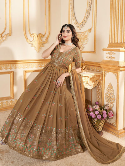 Odette Brown Faux Georgette Metalic Multi Foil Work Stitched Gown With Dupatta For Women