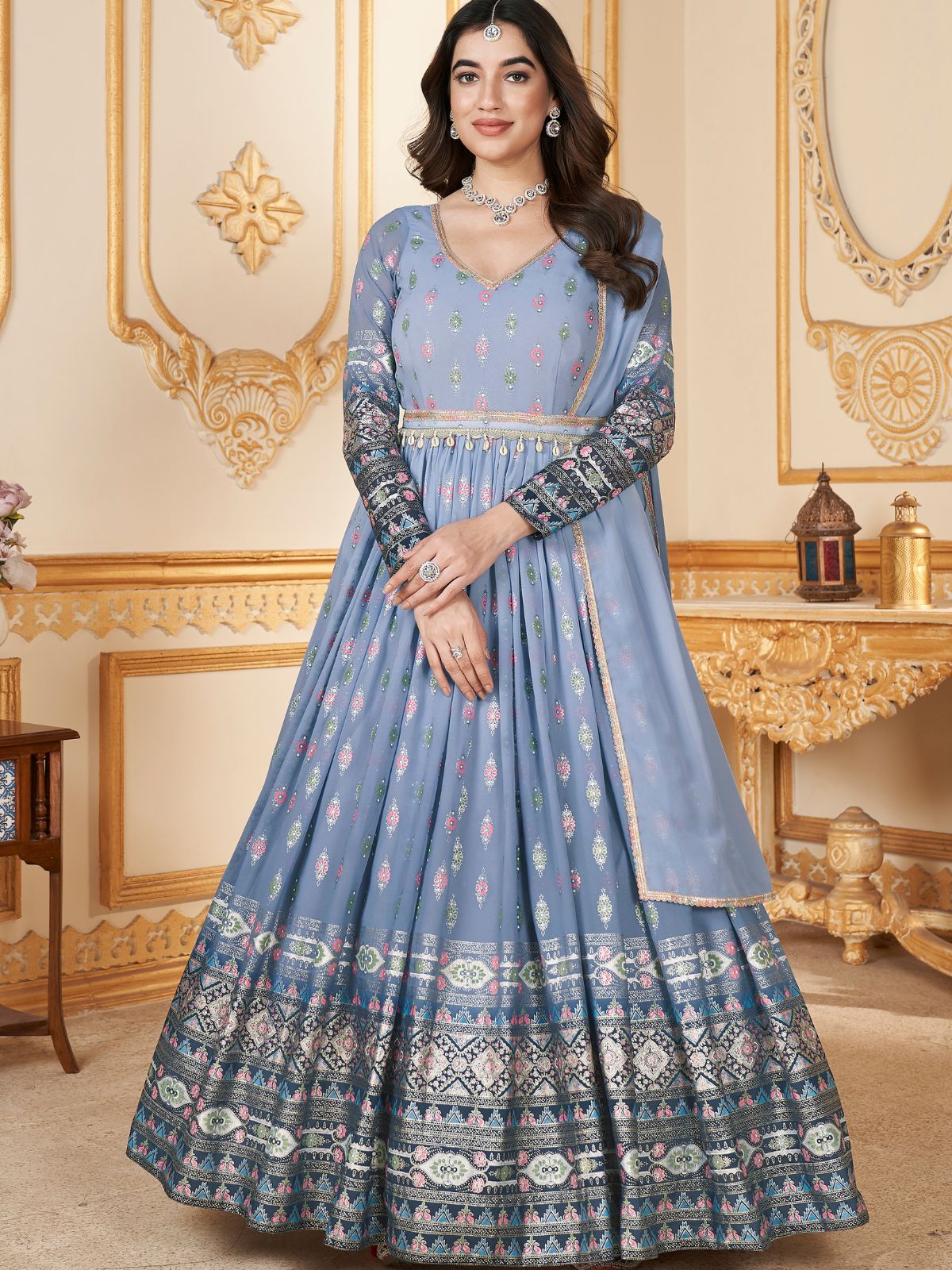 Odette Light Blue Faux Georgette Metalic Multi Foil Work Stitched Gown With Dupatta For Women