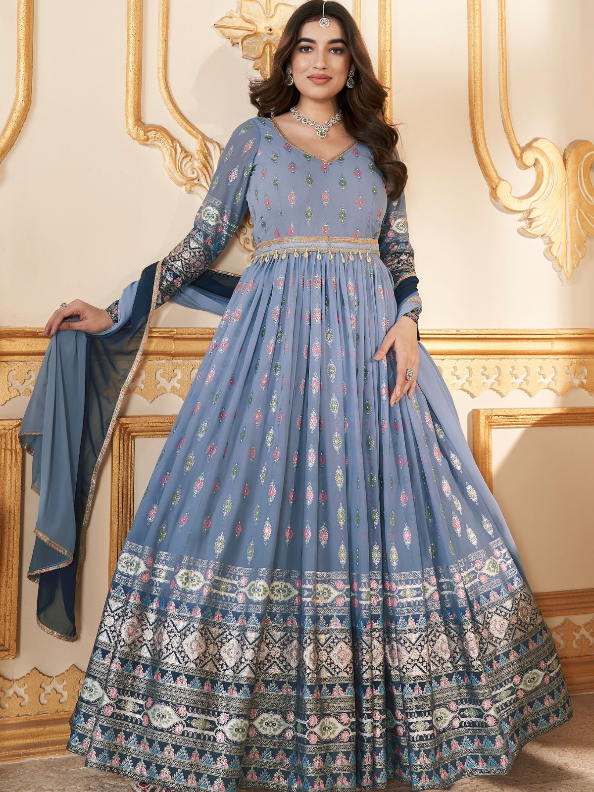 Odette Light Blue Faux Georgette Metalic Multi Foil Work Stitched Gown With Dupatta For Women