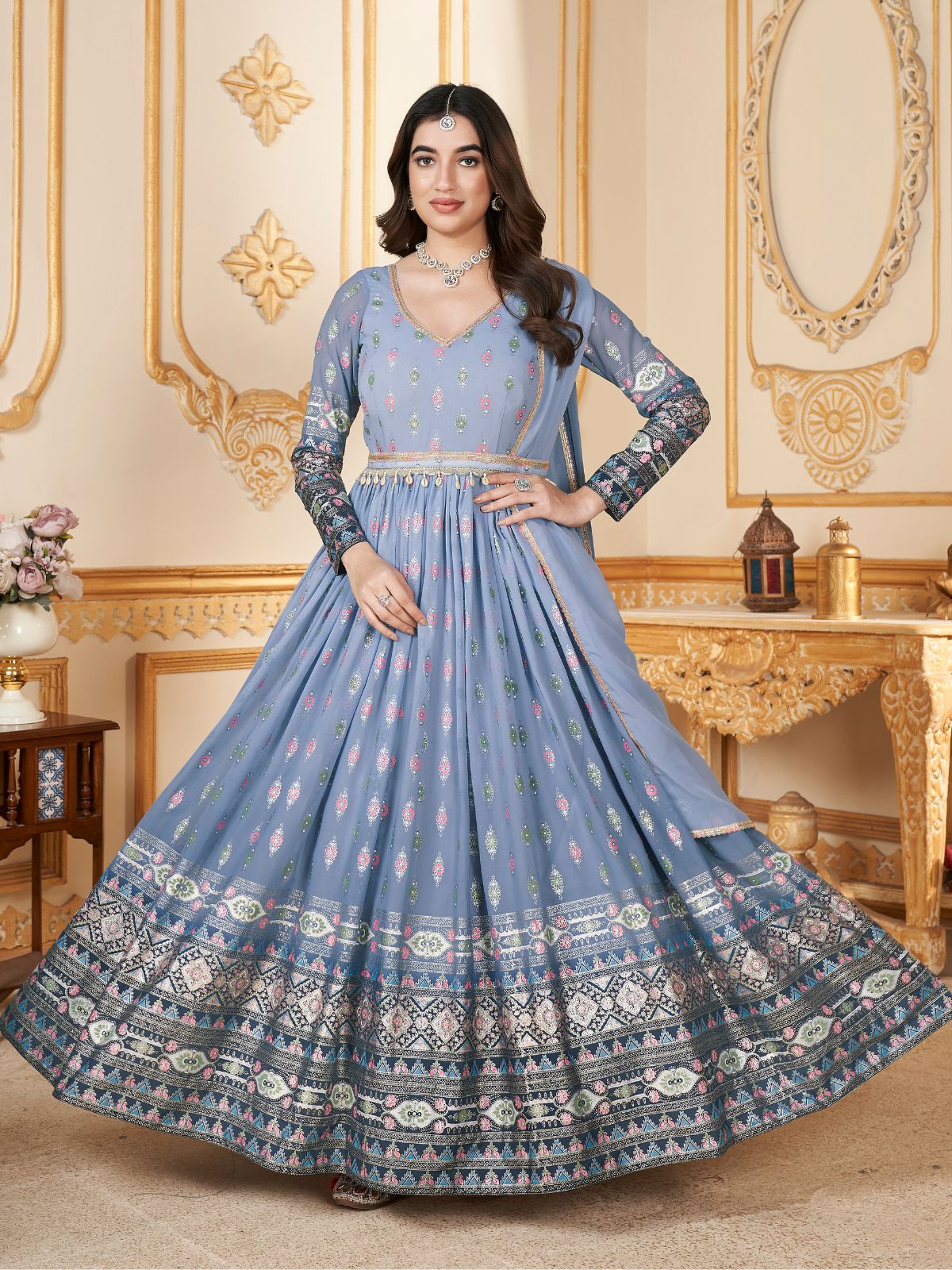 Odette Light Blue Faux Georgette Metalic Multi Foil Work Stitched Gown With Dupatta For Women