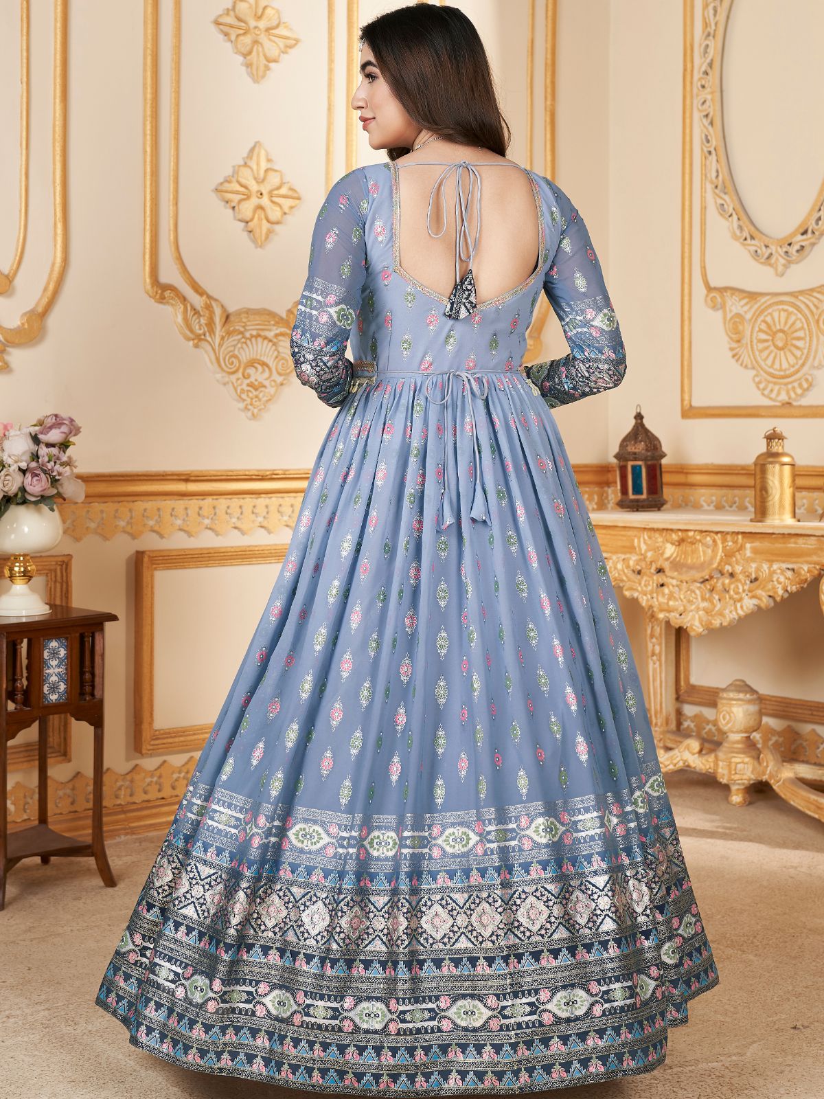 Odette Light Blue Faux Georgette Metalic Multi Foil Work Stitched Gown With Dupatta For Women