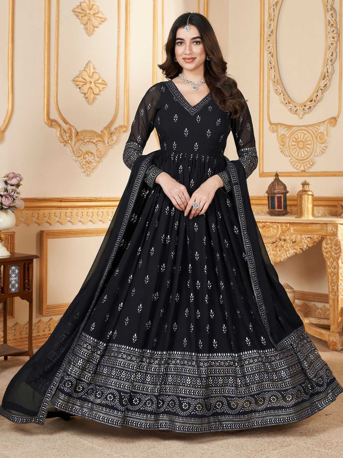 Odette Black Faux Georgette Metalic Multi Foil Work Stitched Gown With Odette Black Faux Georgette Metalic Multi Foil Work Stitched Gown With