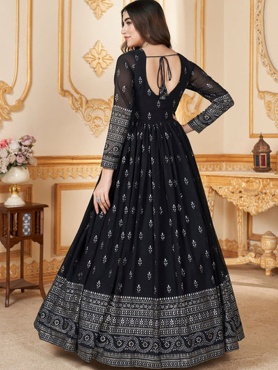 Odette Black Faux Georgette Metalic Multi Foil Work Stitched Gown With Dupatta For Women