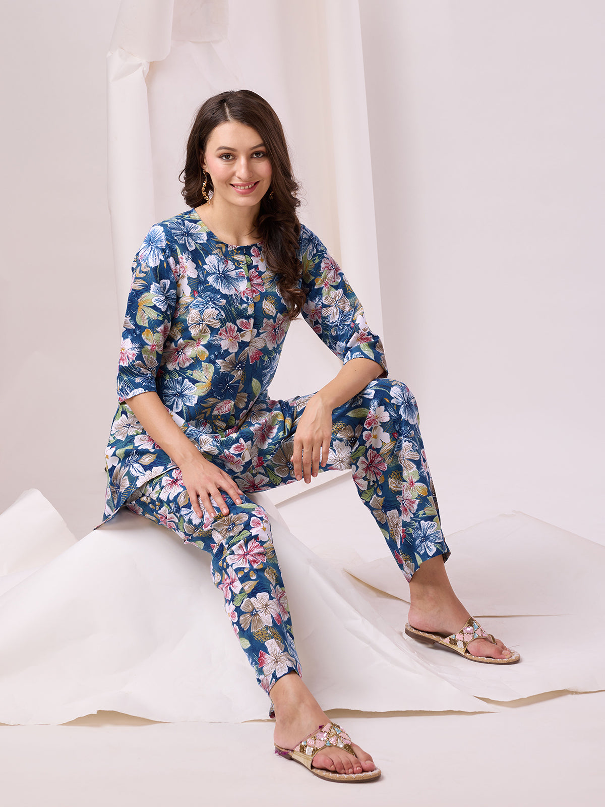 Odette Blue Cotton Printed Co-ord set For Women