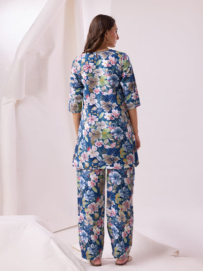 Odette Blue Cotton Printed Co-ord set For Women