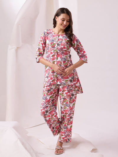 Odette White Cotton Printed Co-ord set For Women