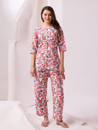 Odette White Cotton Printed Co-ord set For Women