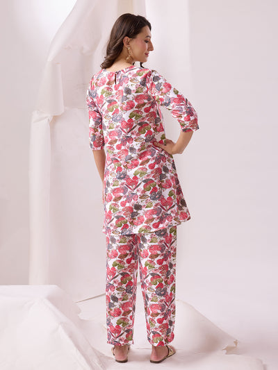 Odette White Cotton Printed Co-ord set For Women