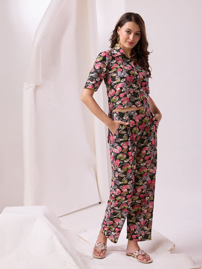 Odette Black Cotton Printed Co-ord set For Women