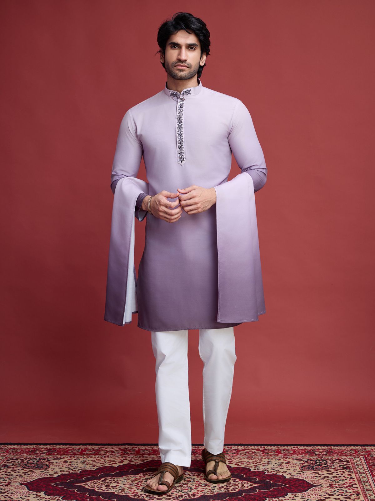 Odette Purple Rayon Mirror Work Stitched Kurta Set For Men