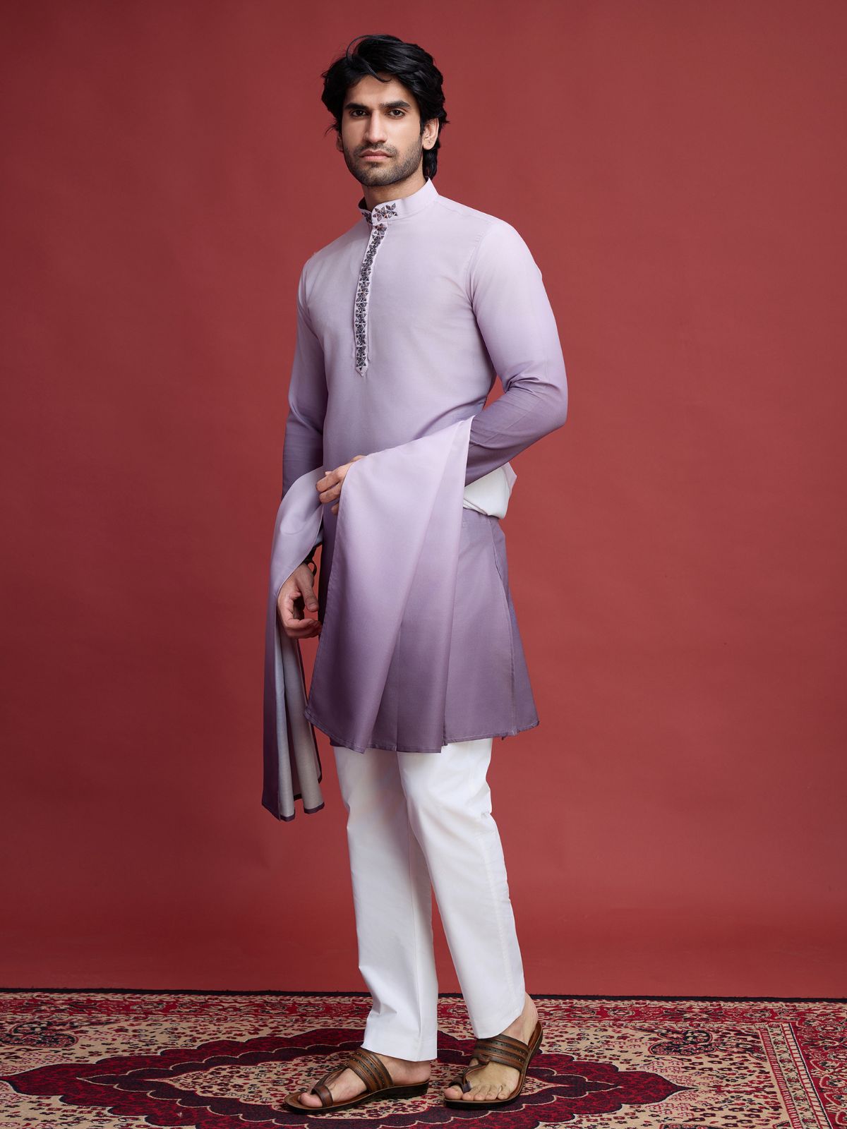 Odette Purple Rayon Mirror Work Stitched Kurta Set For Men