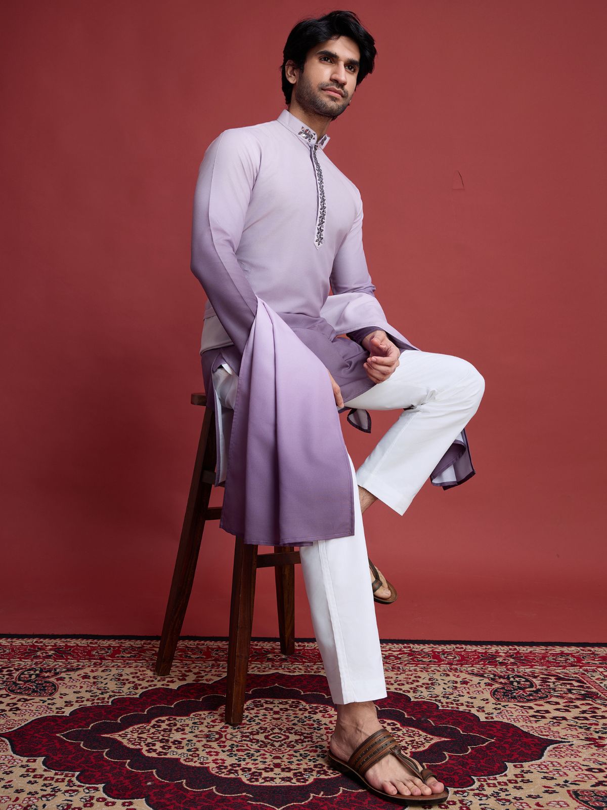 Odette Purple Rayon Mirror Work Stitched Kurta With Dupatta For Men