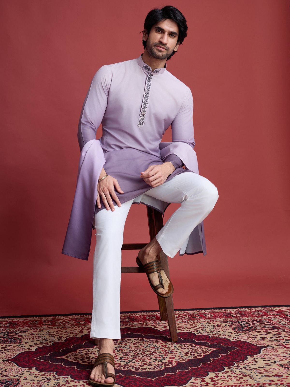 Odette Purple Rayon Mirror Work Stitched Kurta Set For Men