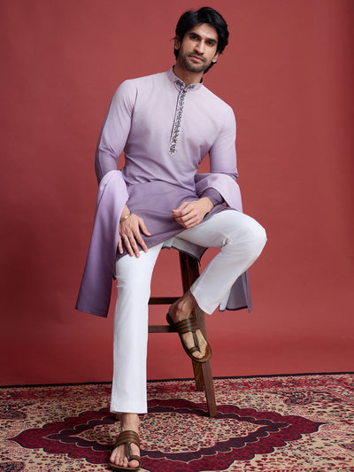 Odette Purple Rayon Mirror Work Stitched Kurta With Dupatta For Men