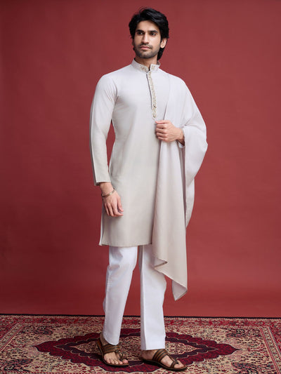 Odette Off White Rayon Mirror Work Stitched Kurta Set For Men