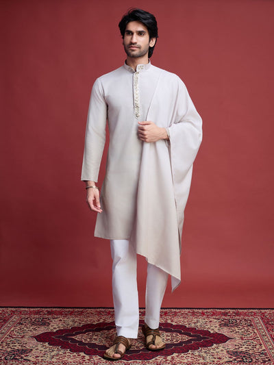 Odette Off White Rayon Mirror Work Stitched Kurta Set For Men