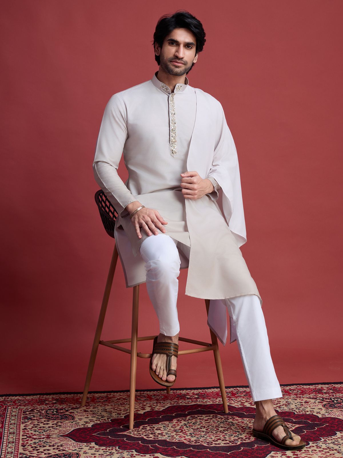 Odette Off White Rayon Mirror Work Stitched Kurta Set For Men