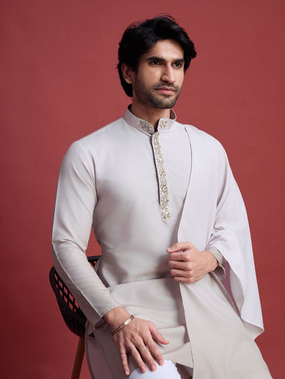 Odette Off White Rayon Mirror Work Stitched Kurta Set For Men