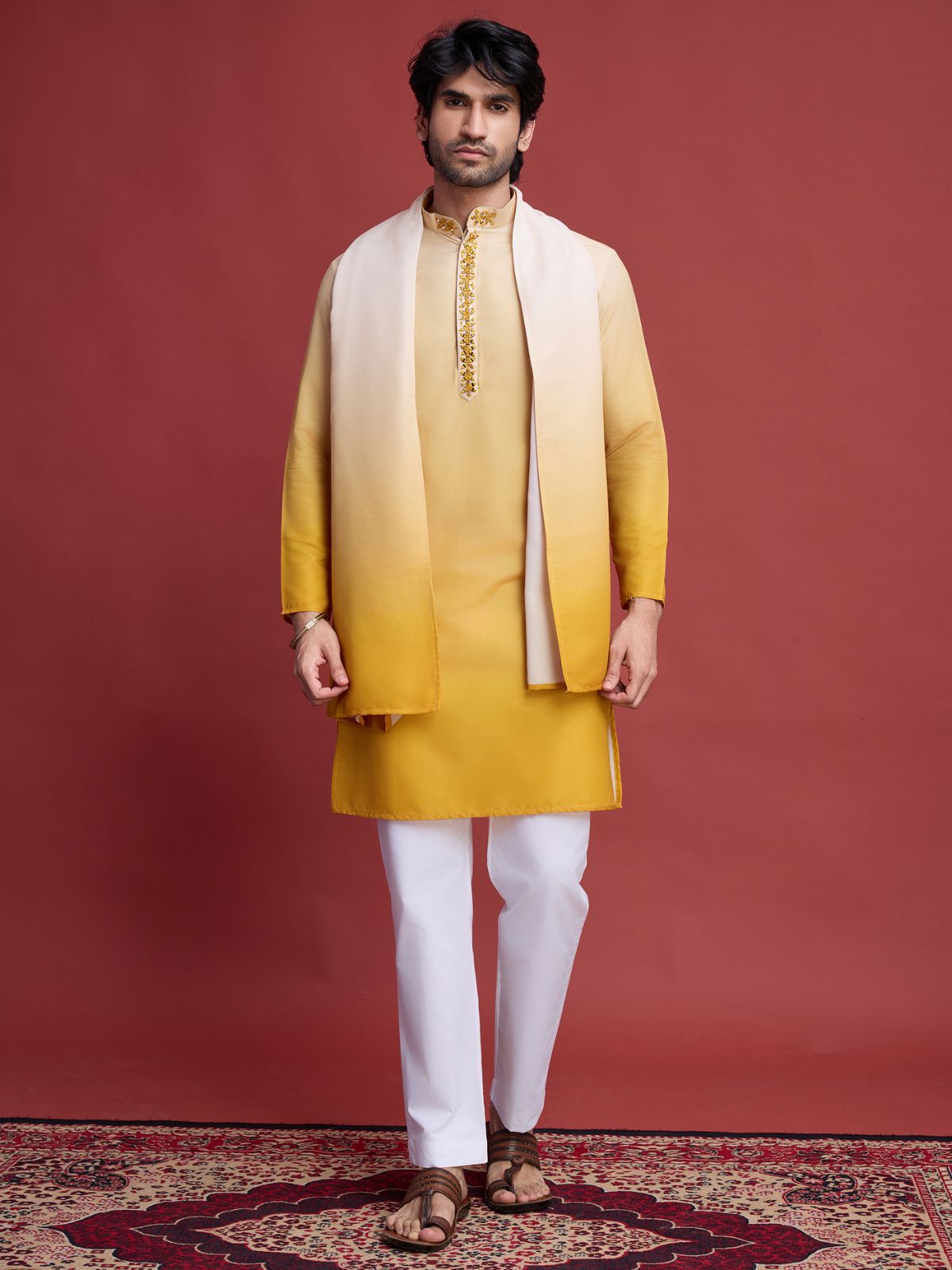 Odette Yellow Rayon Mirror Work Stitched Kurta With Dupatta For Men