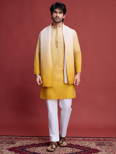 Odette Yellow Rayon Mirror Work Stitched Kurta Set For Men