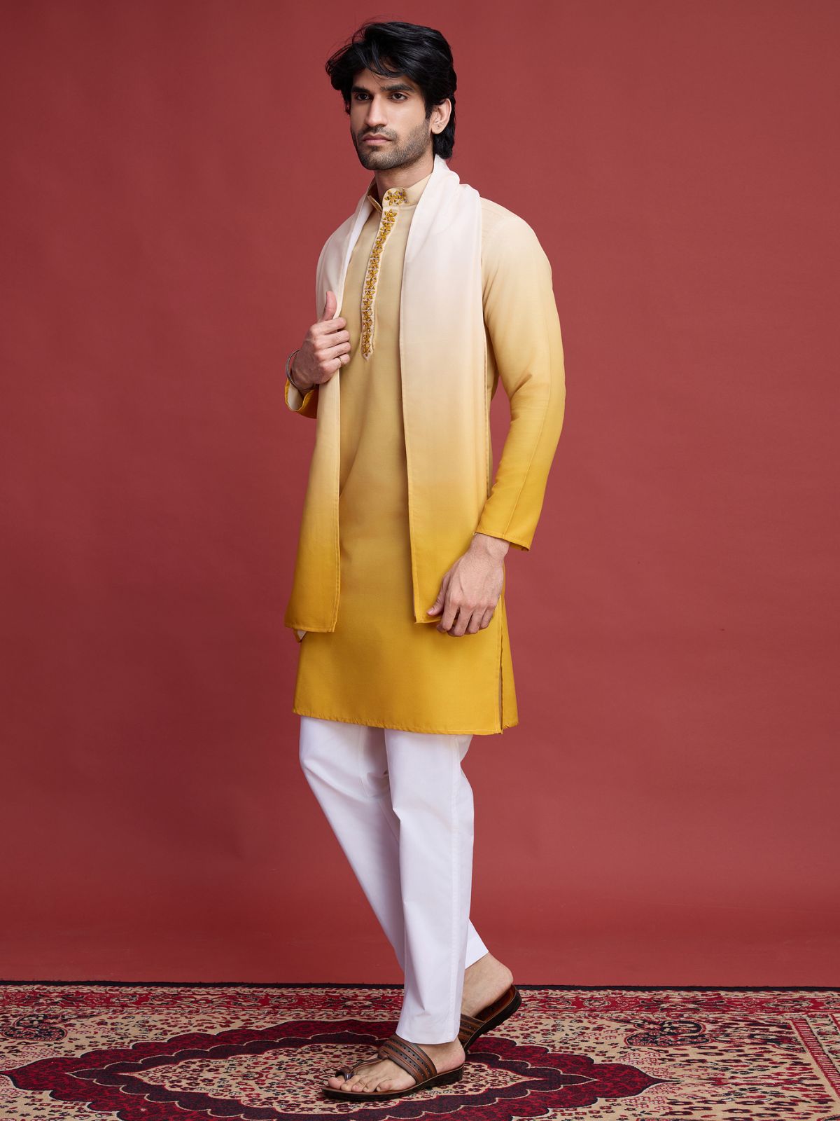 Odette Yellow Rayon Mirror Work Stitched Kurta With Dupatta For Men