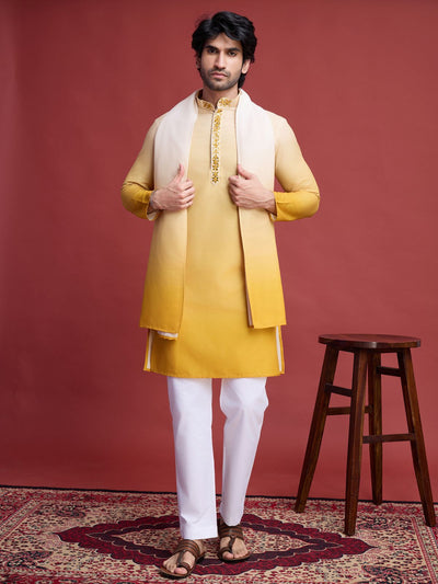 Odette Yellow Rayon Mirror Work Stitched Kurta With Dupatta For Men