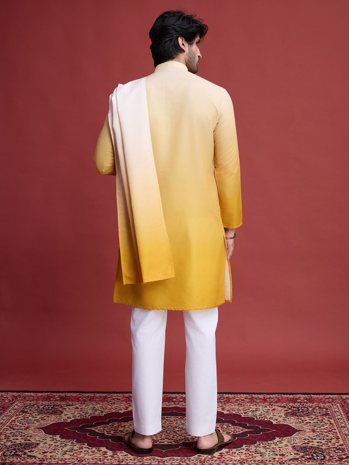 Odette Yellow Rayon Mirror Work Stitched Kurta Set For Men