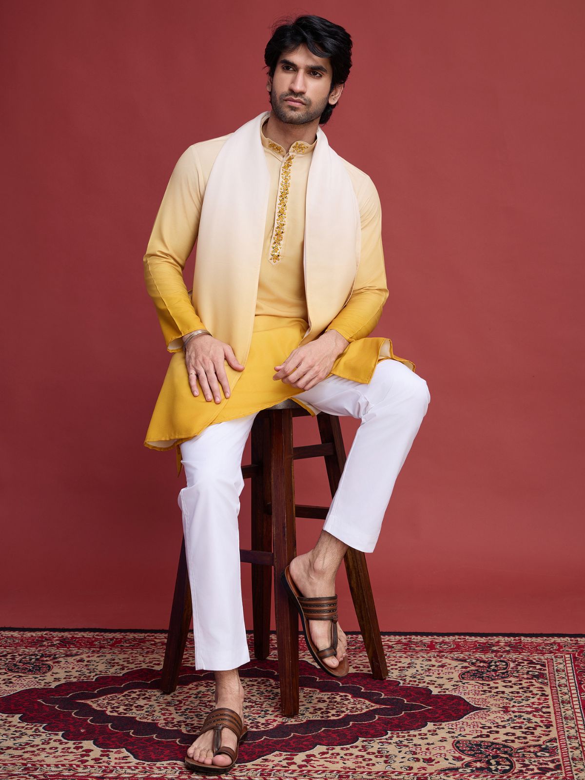 Odette Yellow Rayon Mirror Work Stitched Kurta Set For Men