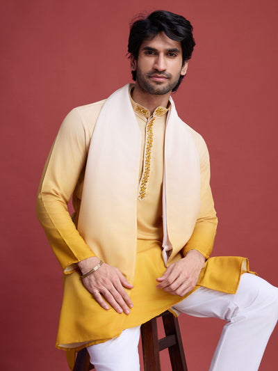 Odette Yellow Rayon Mirror Work Stitched Kurta With Dupatta For Men