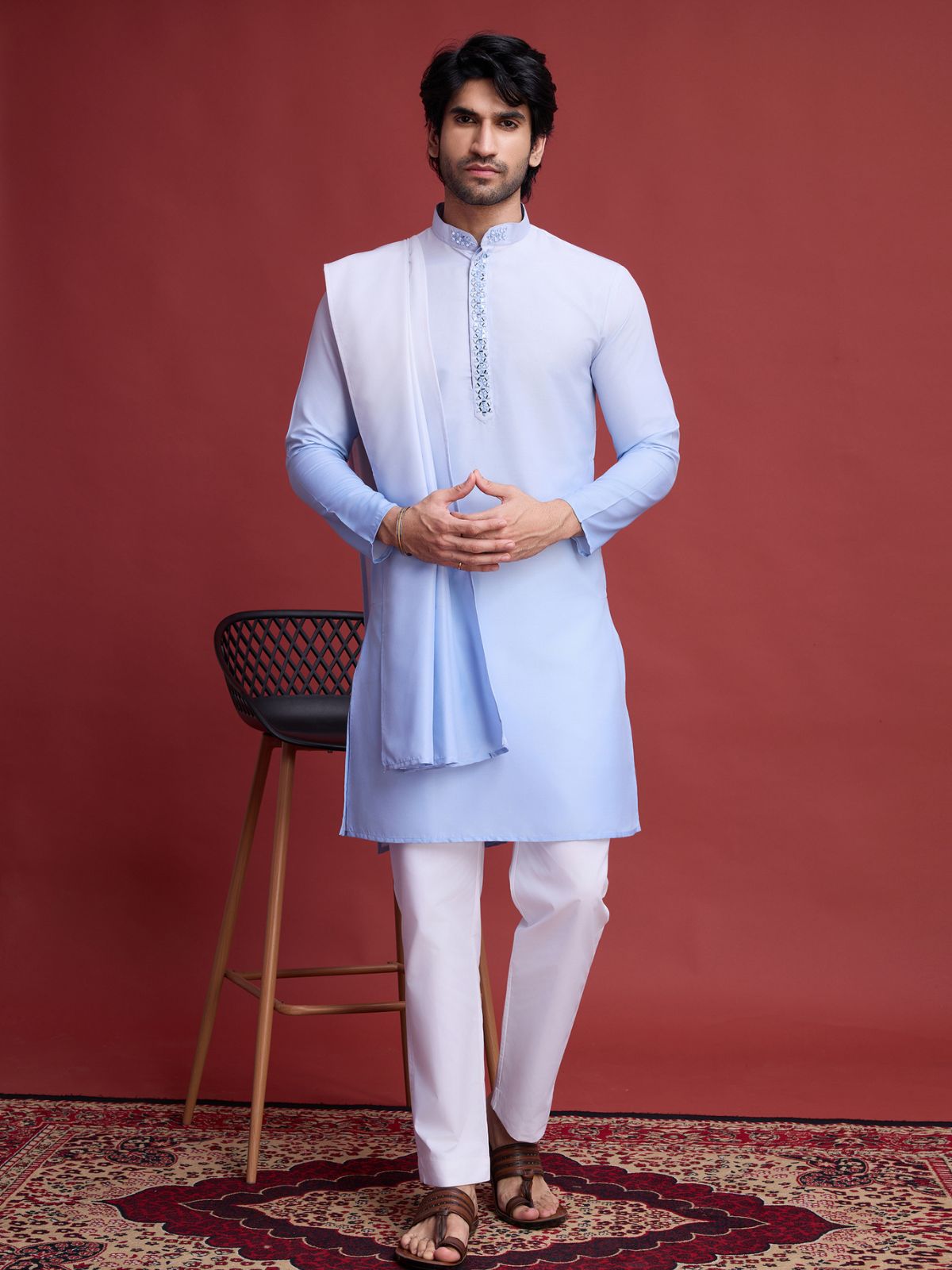 Odette Light Blue Rayon Mirror Work Stitched Kurta Set For Men