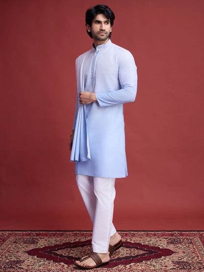 Odette Light Blue Rayon Mirror Work Stitched Kurta Set For Men