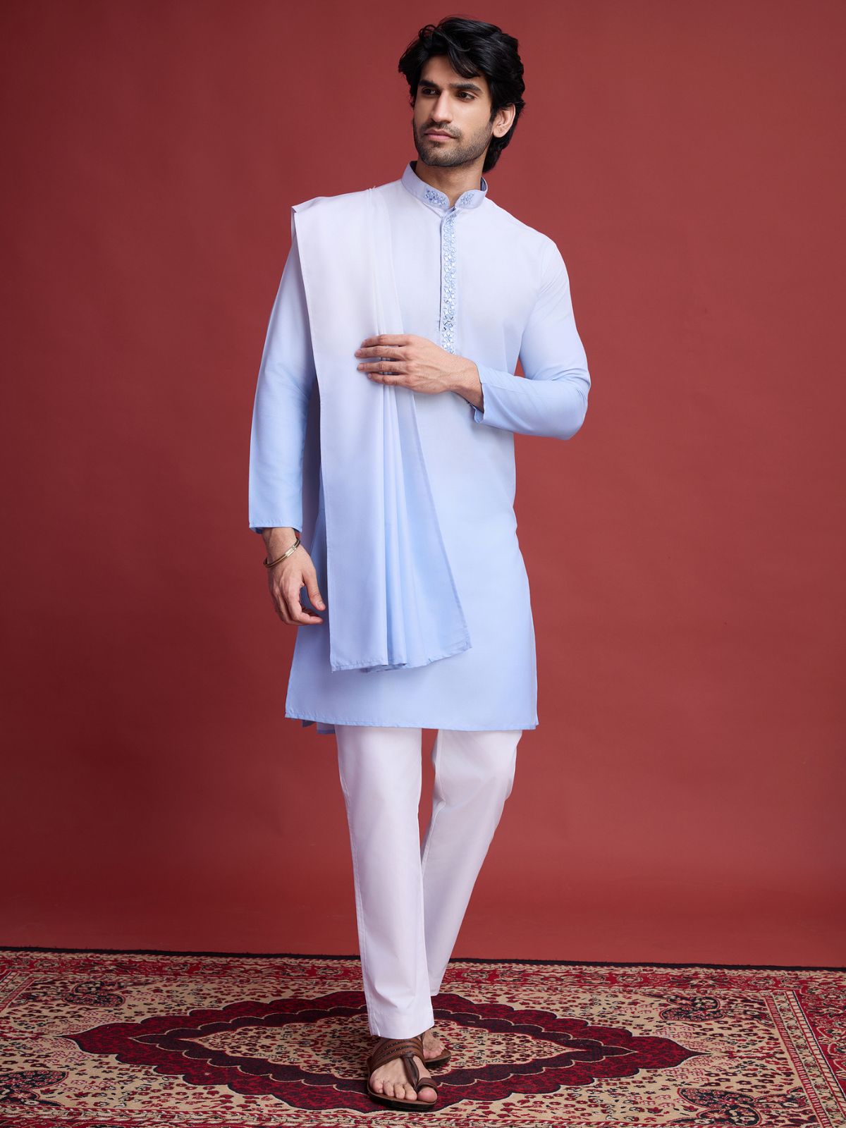 Odette Light Blue Rayon Mirror Work Stitched Kurta Set For Men