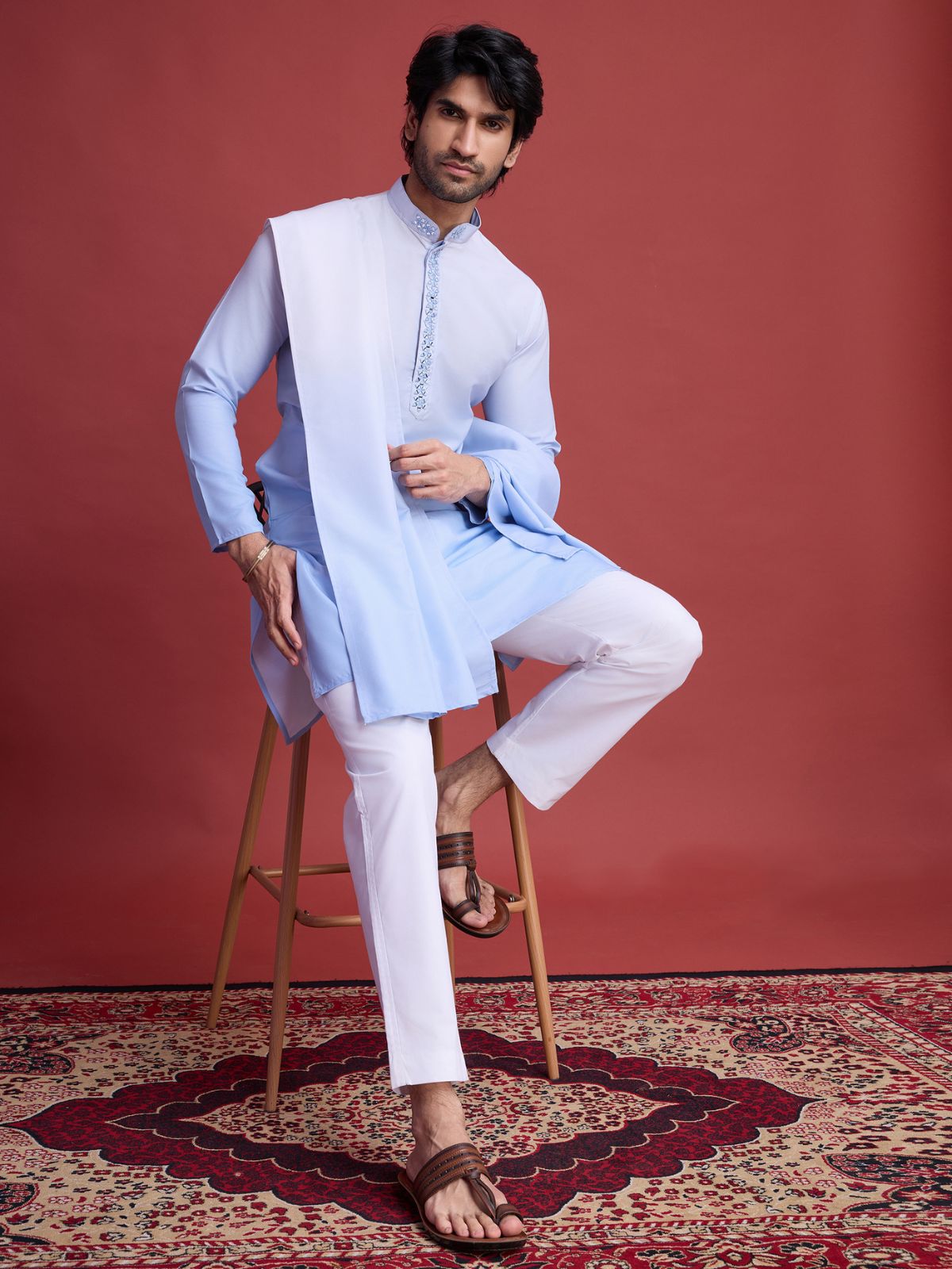 Odette Light Blue Rayon Mirror Work Stitched Kurta Set For Men