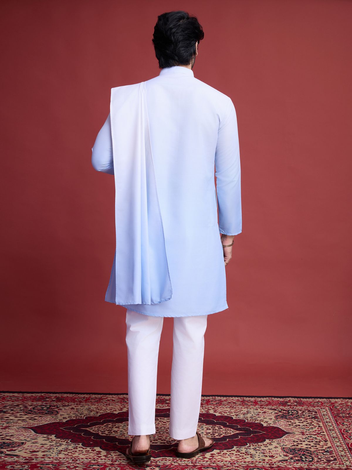 Odette Light Blue Rayon Mirror Work Stitched Kurta Set For Men