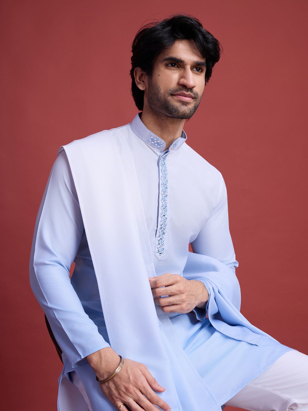 Odette Light Blue Rayon Mirror Work Stitched Kurta Set For Men