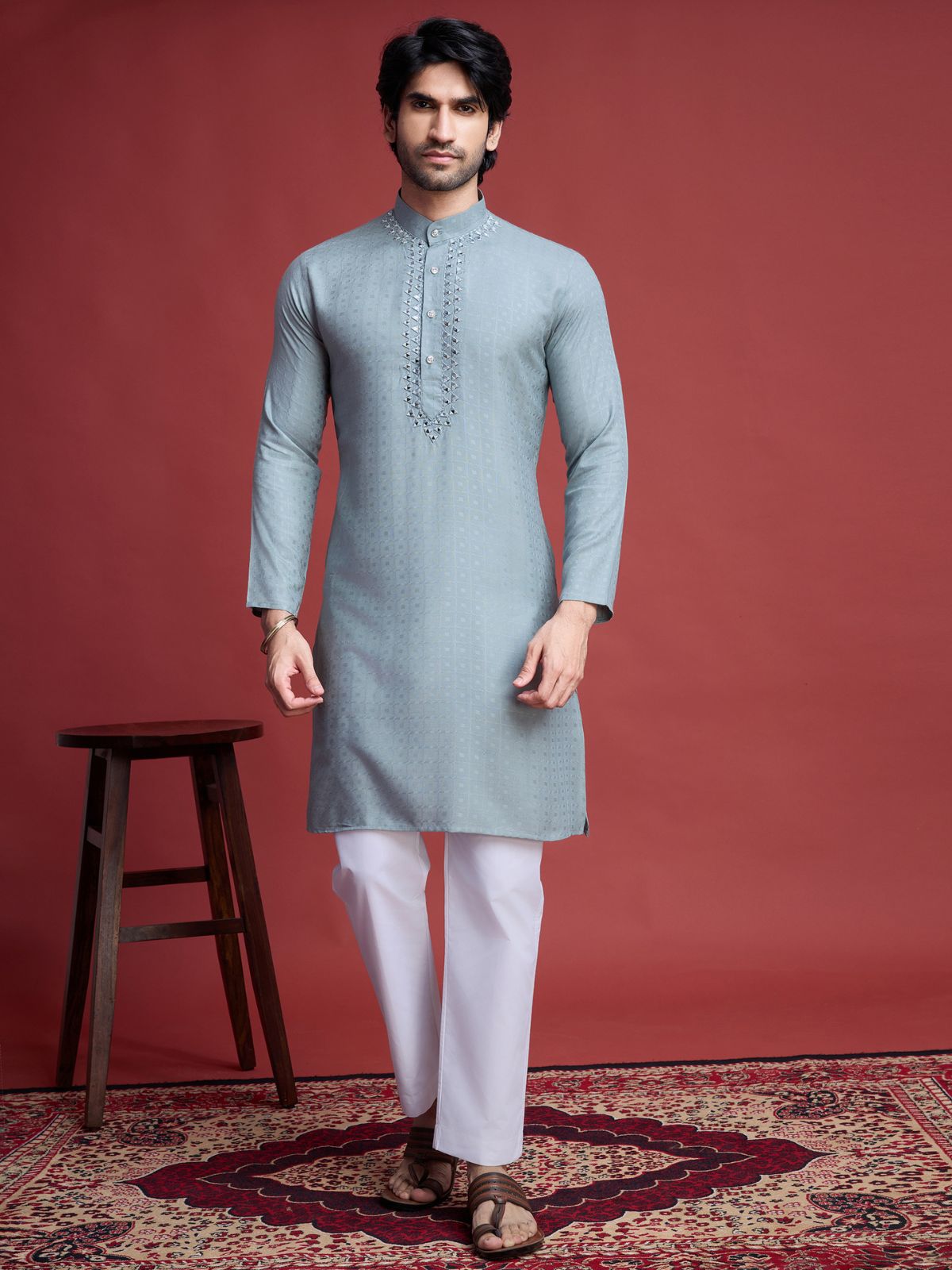 Odette Grey Viscose Rayon Mirror Work Stitched Kurta Set For Men