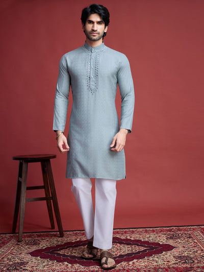 Odette Grey Viscose Rayon Mirror Work Stitched Kurta Set For Men