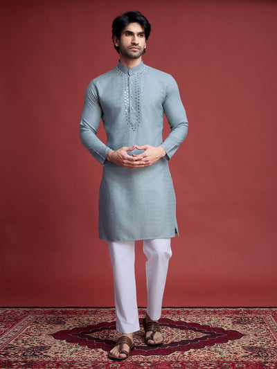 Odette Grey Viscose Rayon Mirror Work Stitched Kurta Set For Men