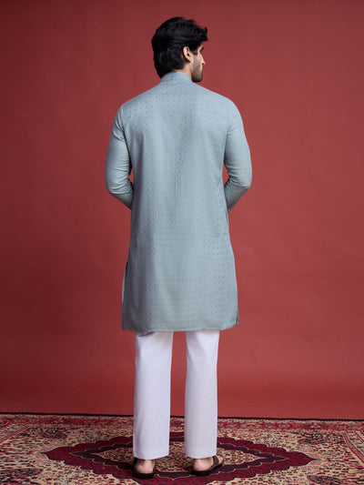 Odette Grey Viscose Rayon Mirror Work Stitched Kurta Set For Men