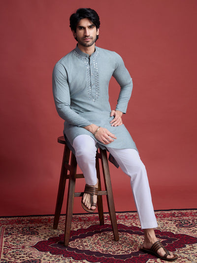 Odette Grey Viscose Rayon Mirror Work Stitched Kurta Set For Men