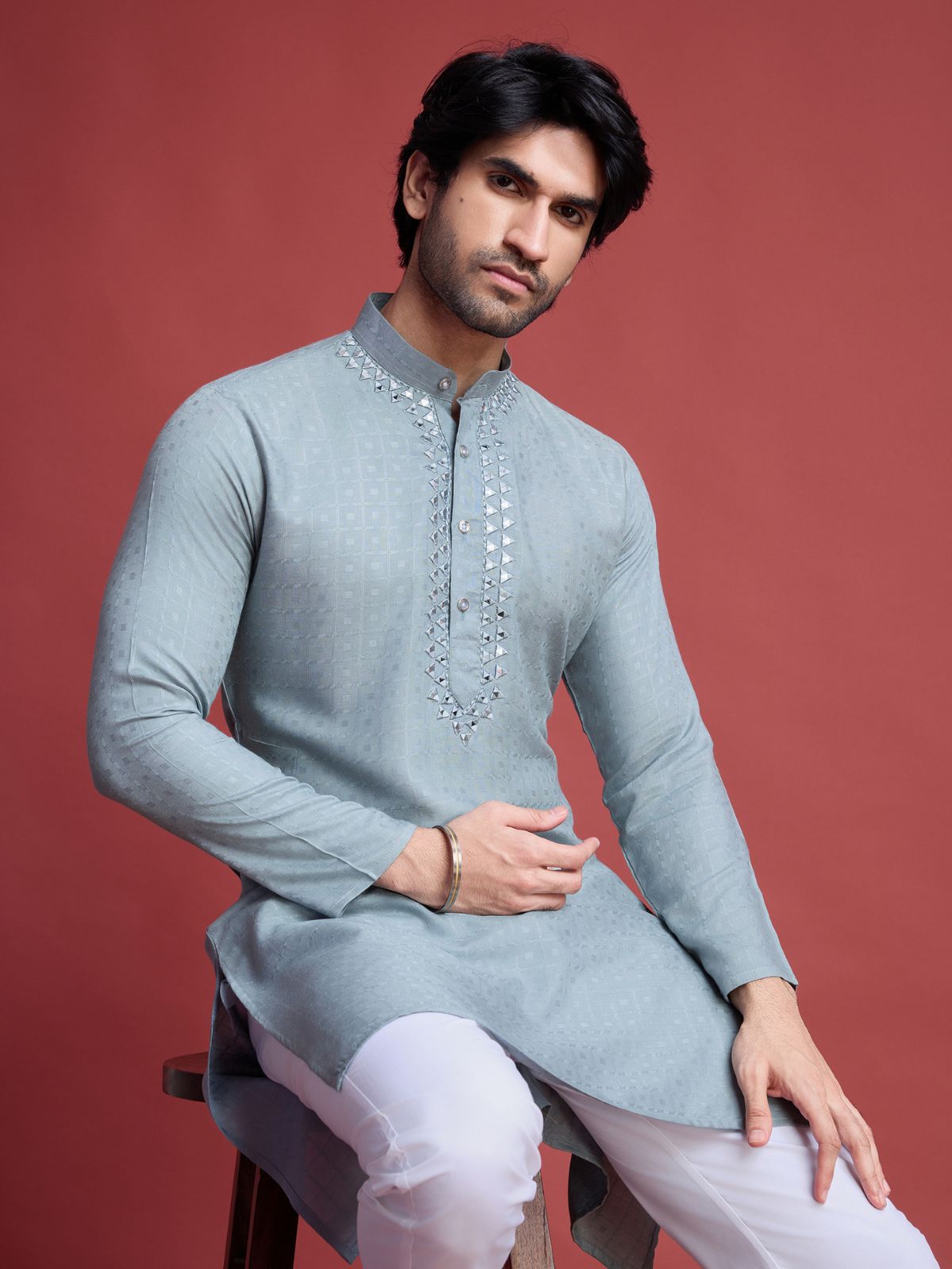 Odette Grey Viscose Rayon Mirror Work Stitched Kurta Set For Men