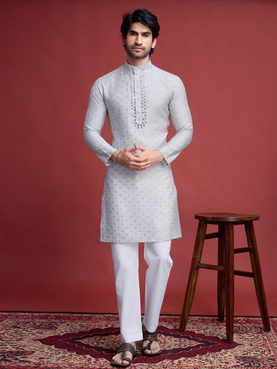 Odette Beige Viscose Rayon Mirror Work Stitched Kurta For Men